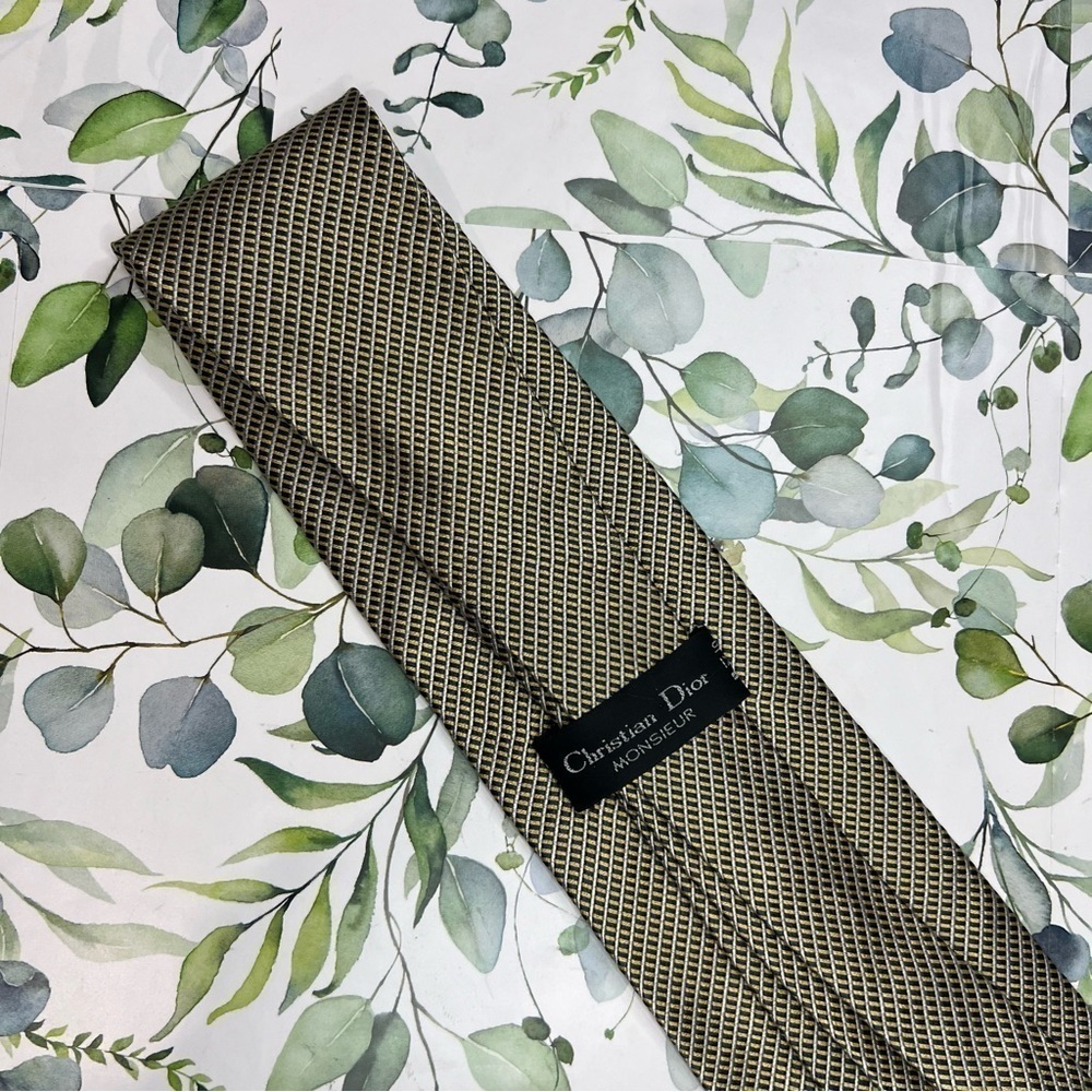 Christian Dior Gold & Black Geometric Printed Silk Neck Tie - Picture 5 of 7